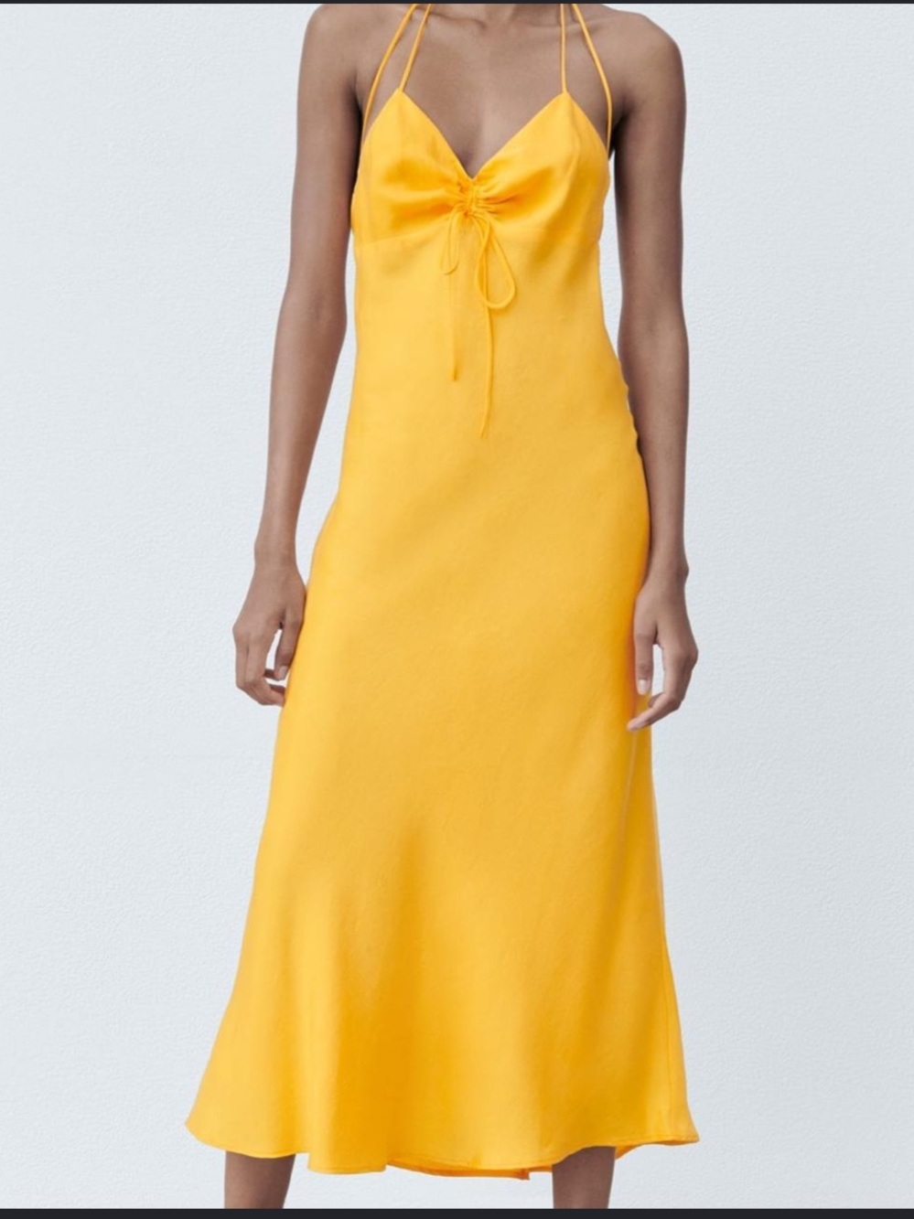 Zara Bright Yellow Spaghetti-Strap Maxi Dress with Front Tie